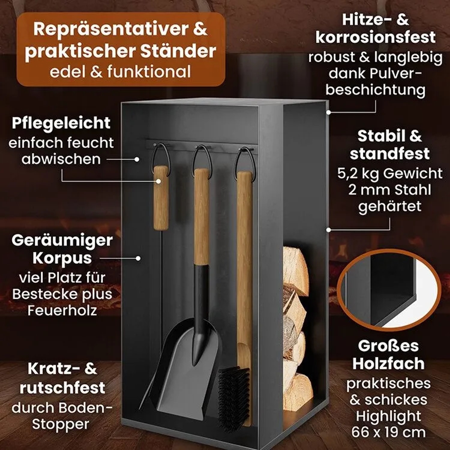 BLACK OAK Kaminbesteck ASPEN 4-Teilig – Kompaktes Kaminwerkzeug-Set aus Stahl Pulverbeschichtet mit Ständer für Kaminofen