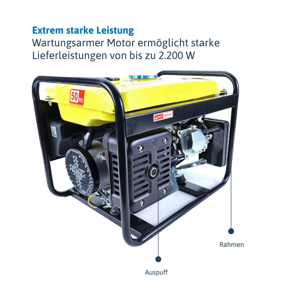 Dönges Tragbarer Stromerzeuger GE2501 2200 W – mobiler Benzin-Generator mit 2 Steckdosen 230 V