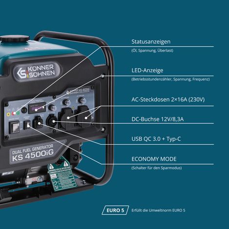 Könner & Söhnen KS 4500iG, 4.5 kW, Reiner Sinus, Dual-Fuel Inverter Stromerzeuger (Benzin/LPG)