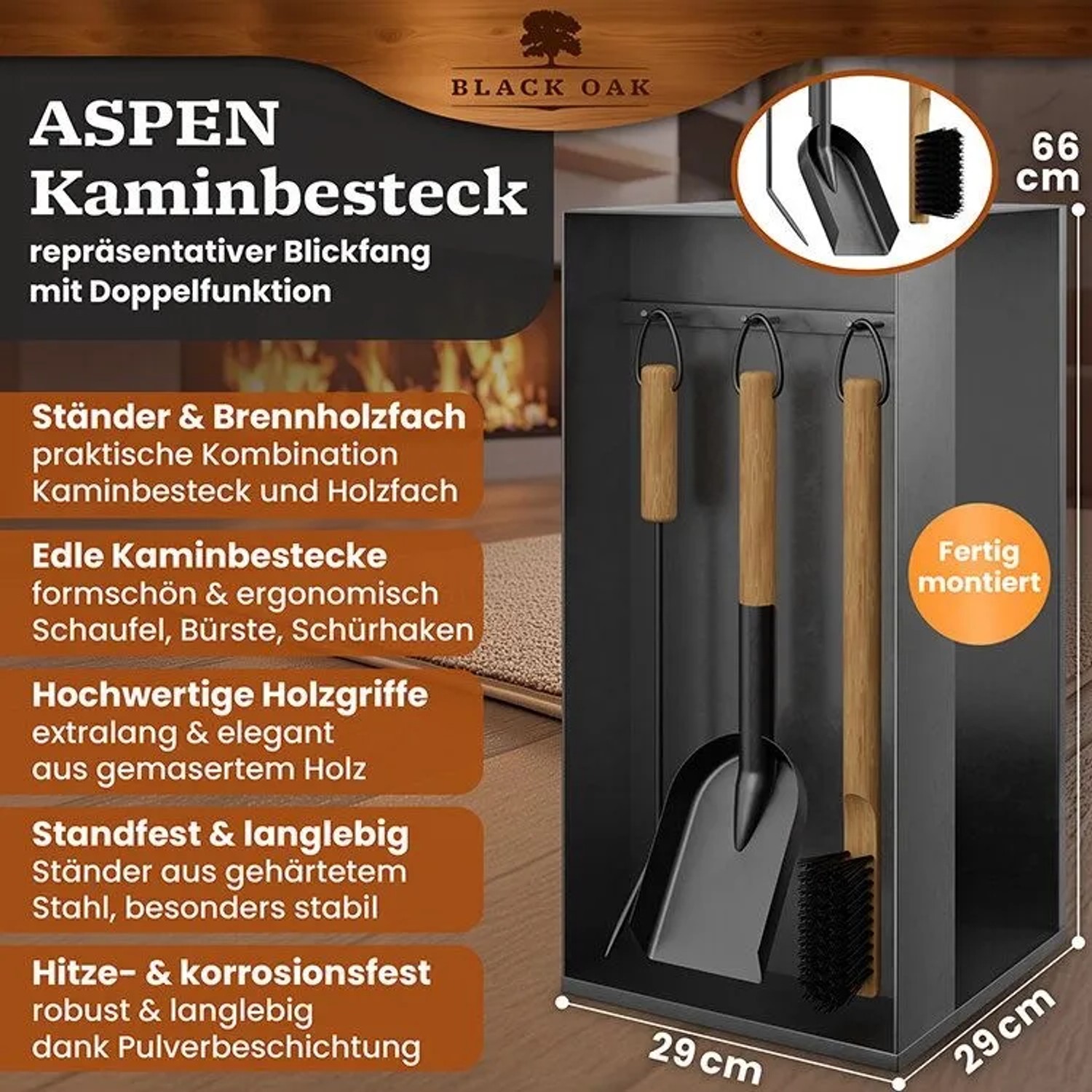 BLACK OAK Kaminbesteck ASPEN 4-Teilig – Kompaktes Kaminwerkzeug-Set aus Stahl Pulverbeschichtet mit Ständer für Kaminofen