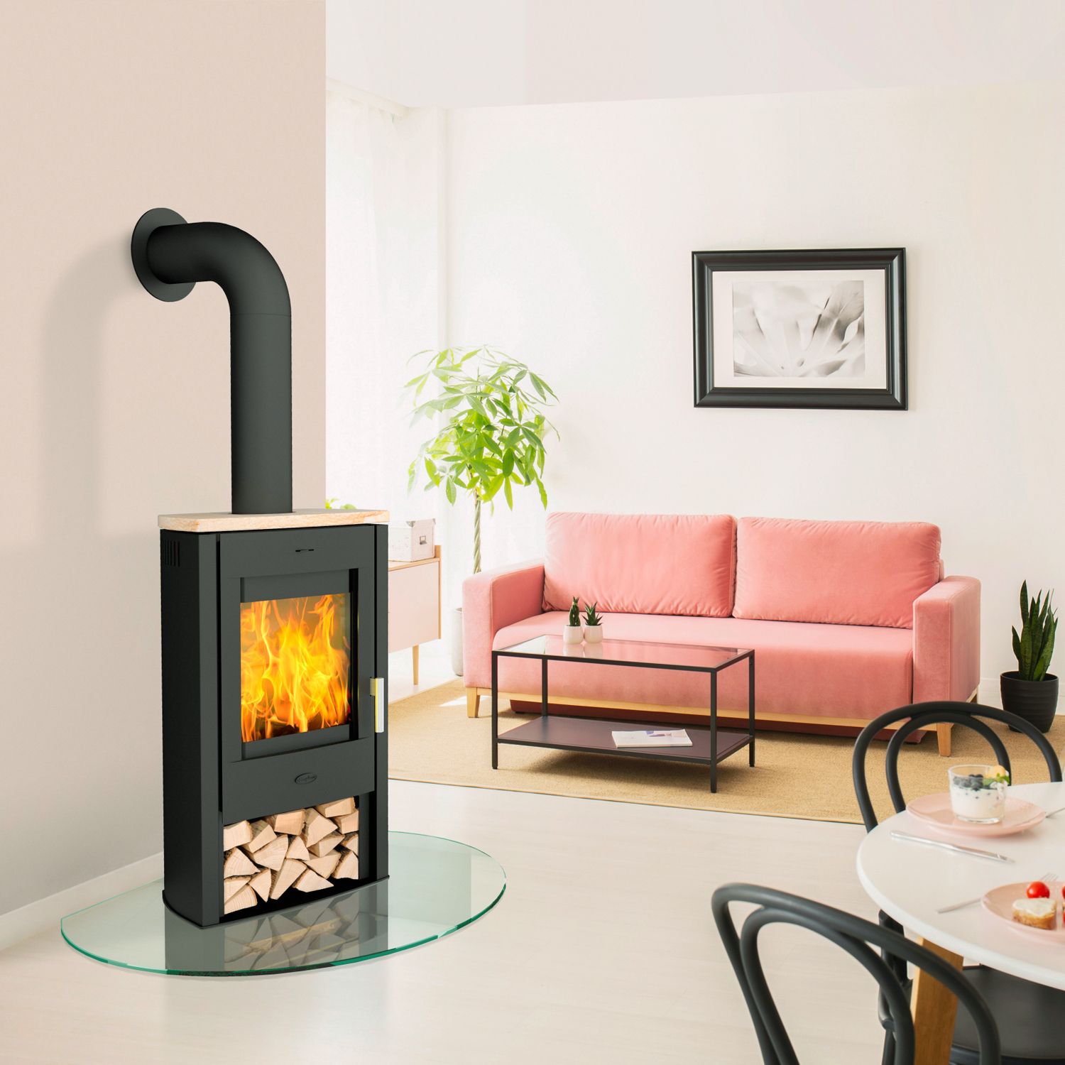 Fireplace Tuvalu Kaminofen Stahl Schwarz | Topplatte Sandstein