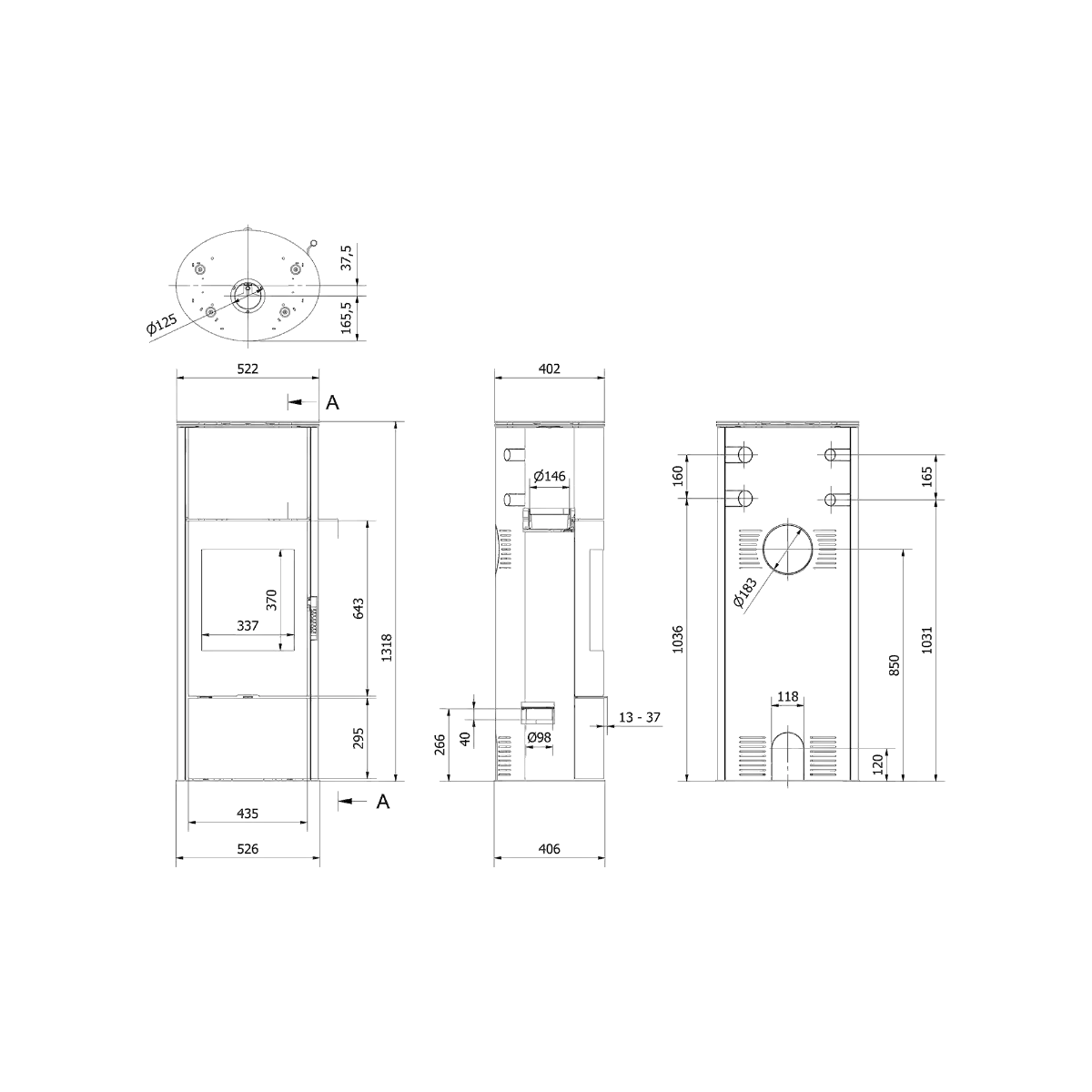 Kratki Kaminofen | Rollo Hoch | Ø 150 | 7 kW | Innenverkleidung weiß