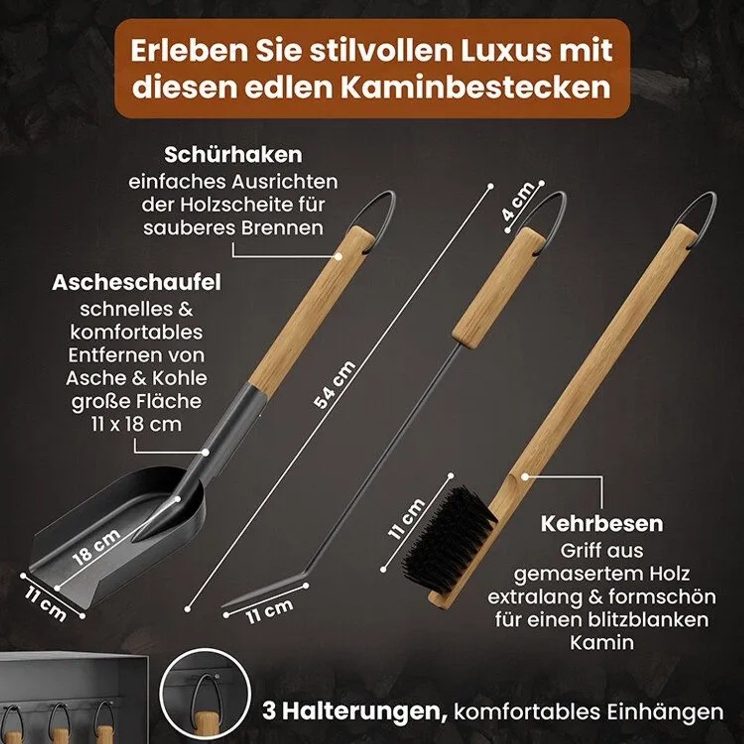 BLACK OAK Kaminbesteck ASPEN 4-Teilig – Kompaktes Kaminwerkzeug-Set aus Stahl Pulverbeschichtet mit Ständer für Kaminofen