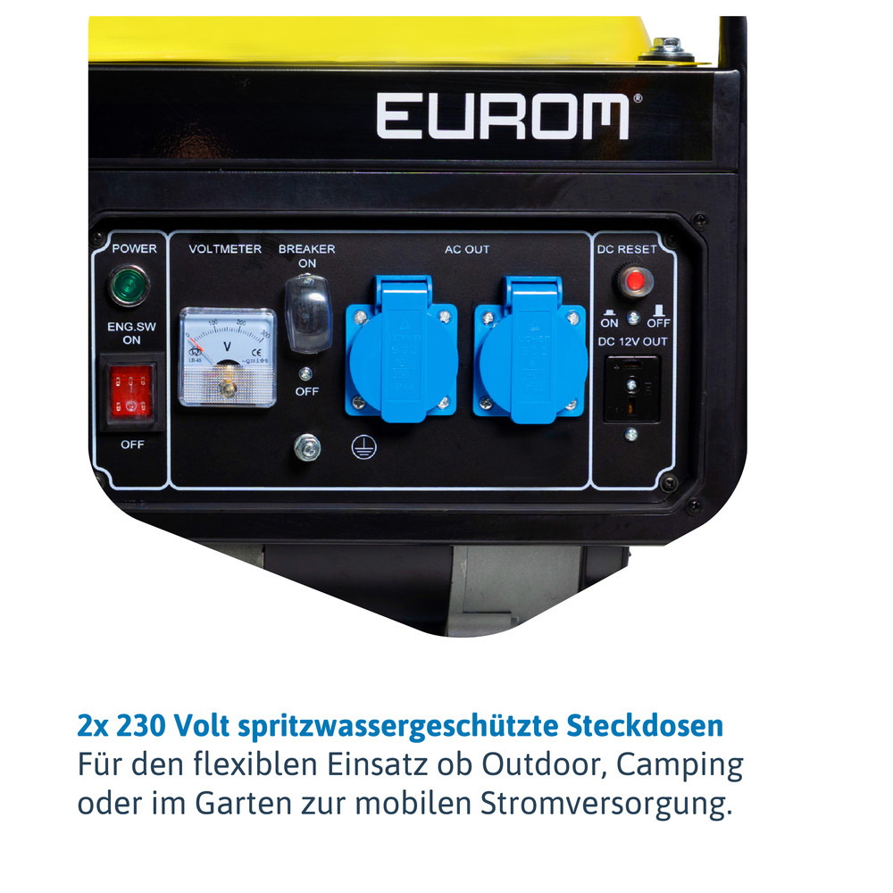 Dönges Tragbarer Stromerzeuger GE2501 2200 W – mobiler Benzin-Generator mit 2 Steckdosen 230 V