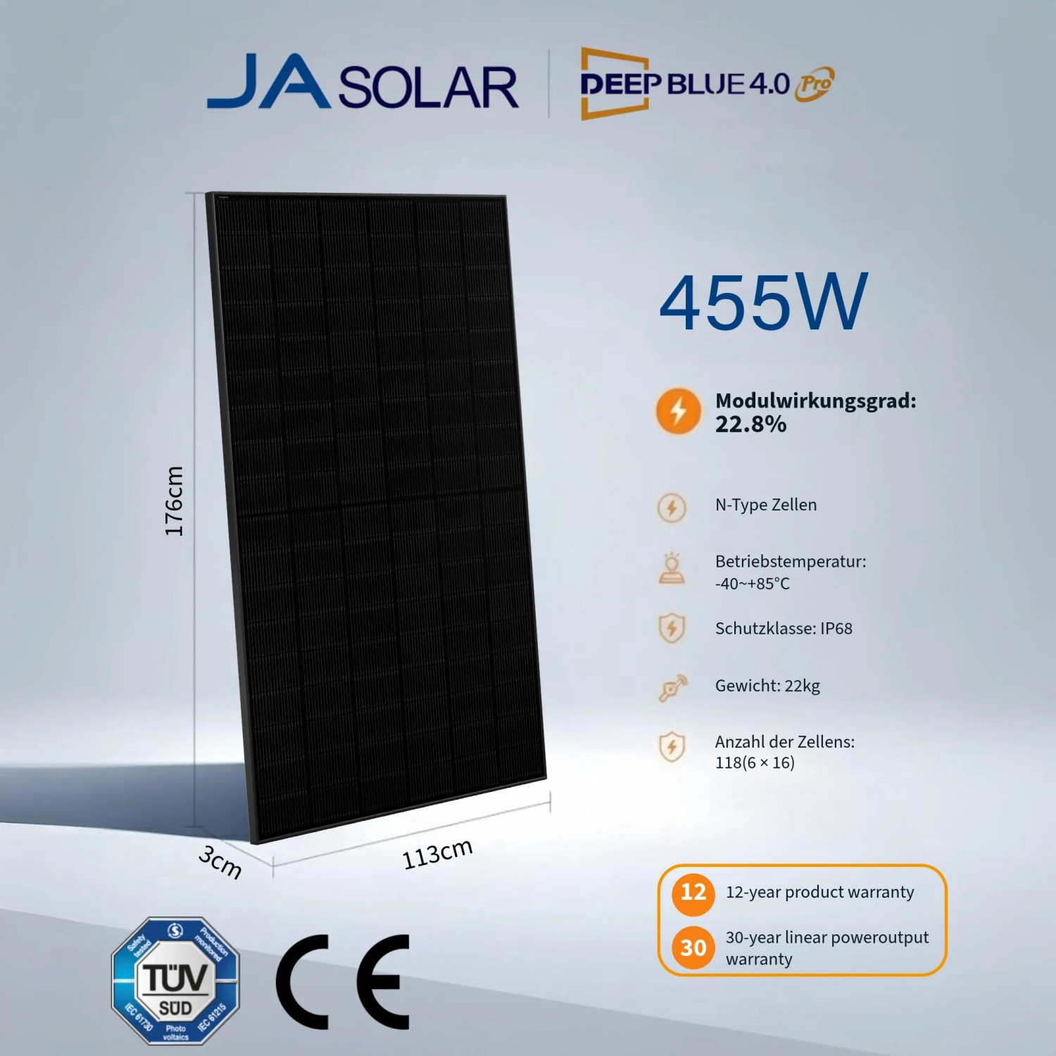 JA Solar JAM54D41 LB Solarmodul 455 W Bifazial Glas-Glas Full Black – Palette (36 Stück)