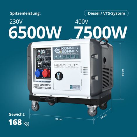 Könner & Söhnen KS 9300DE-1/3 ATSR Super S, 7,5 kW, 230V/400V, Elektrostart, ATS-Anschluss, schallgedämmt, Diesel-Stromerzeuger