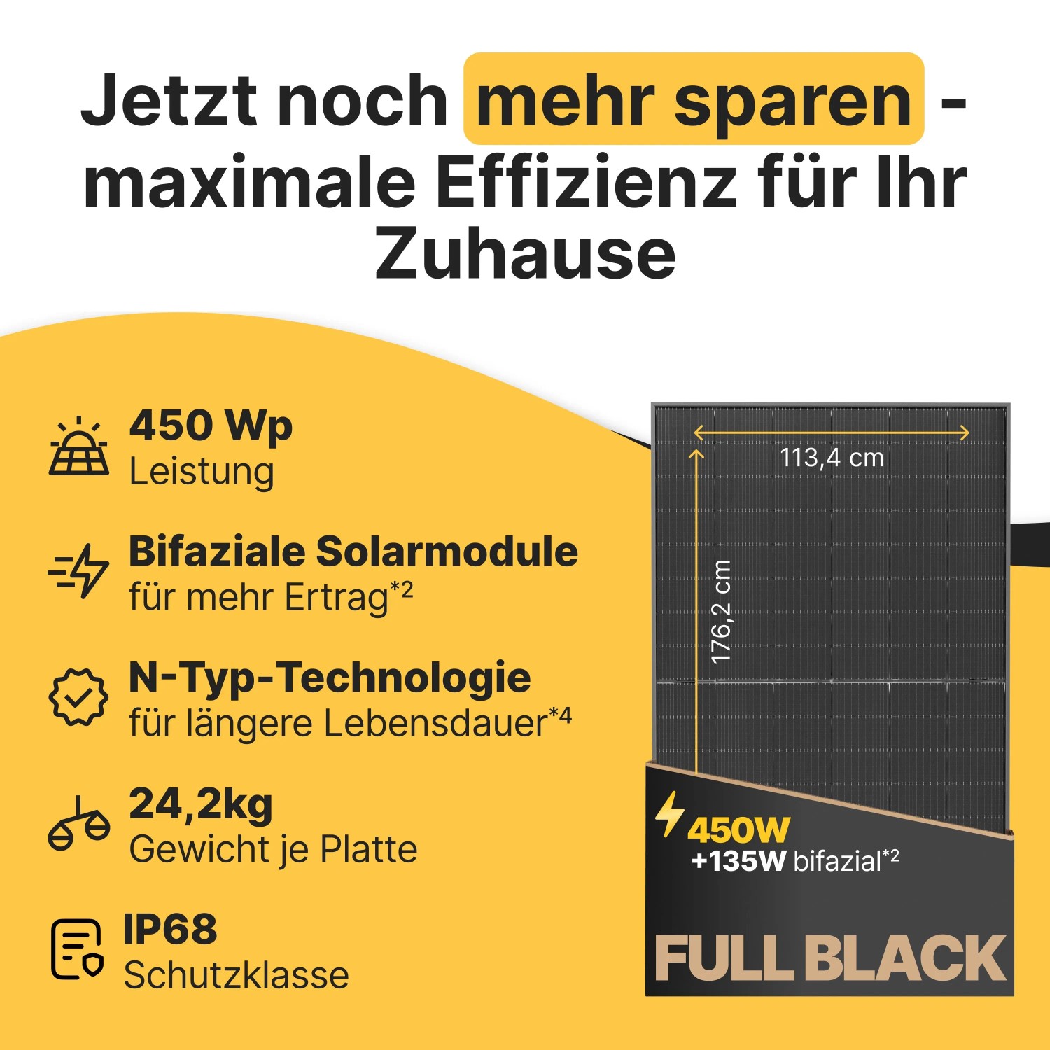 Solakon® Solarmodul 450W Bifazial Glas-Glas N-Type – Black Frame PV Modul 40V für Balkonkraftwerk